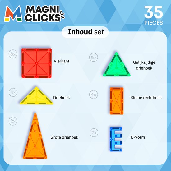 MagniClicks Magnetic Tiles 35 pieces - Jouets magnétiques - Montessori - Tuiles magnétiques - Blocs de construction