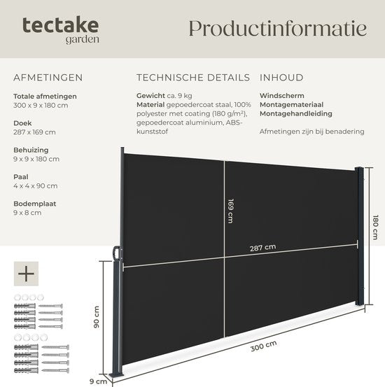 tectake® Pare-vent télescopique avec mécanisme d'enroulement - 300 x 180 cm - Auvent latéral avec armature en aluminium - Pare-soleil - Pare-vue de jardin - Pare-vue noir pour balcon - Pare-vue opaque - Toile de store