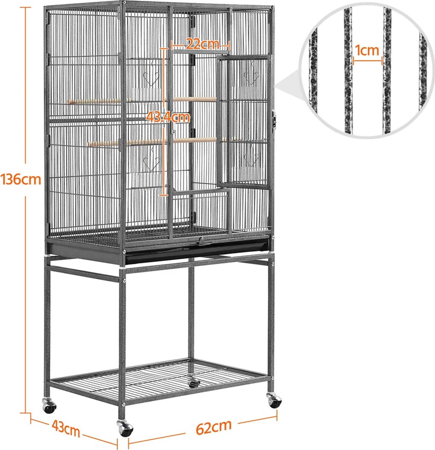 Yaheetech Cage à oiseaux avec base mobile - Avec tiroir amovible et étagère de rangement supplémentaire et 4 mangeoires - Pour perruches, pinsons et canaris - Métal noir peint par poudrage - 61 x 43 x 136 cm