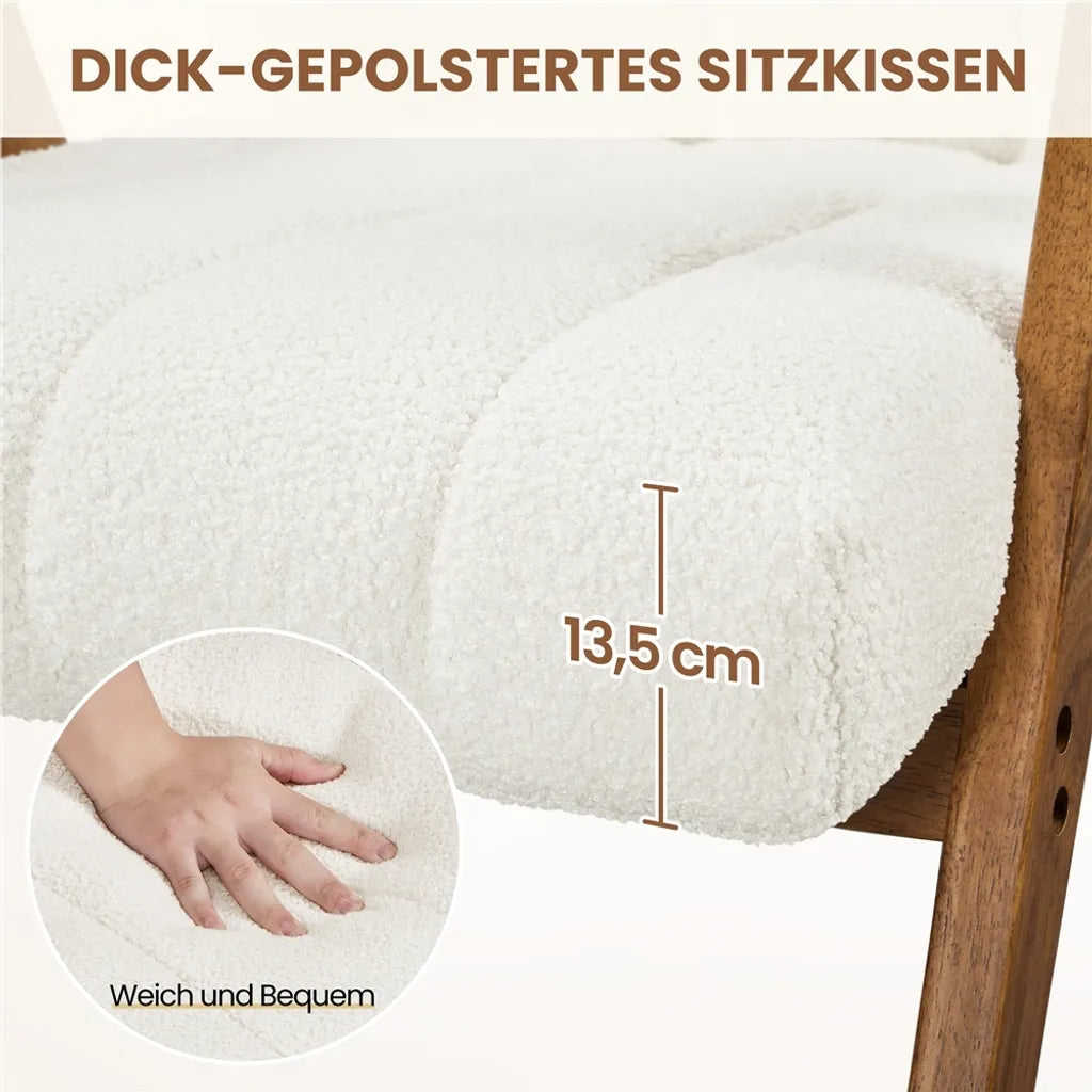 Yaheetech Armchair White - Chaise longue bouclée avec accoudoirs et pieds en bois - 60,5 x 68,5 x 73 cm