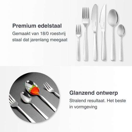 Deleca 6 Person Cutlery Set Essential (36 pieces) - Spoons, Knives, Forks, Steak Knives & Pastry Forks - Coutellerie lavable au lave-vaisselle - Shiny Silver / Stainless Steel