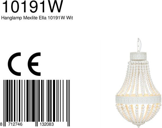 Suspension Ella 10191W - Lampe tendance à perles blanches en bois et métal, hauteur réglable de 70 à 155 cm - Marque : Mexlite