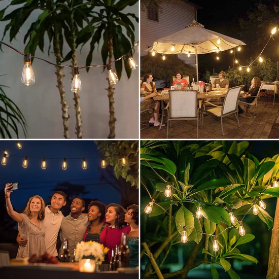 Partizzle 15m LED Guirlande lumineuse Edison - 25 Lampes - Guirlande lumineuse de Noël étanche pour terrasse extérieure et camping - Lumières de Noël / Lumières de jardin - 2700k / Blanc chaud