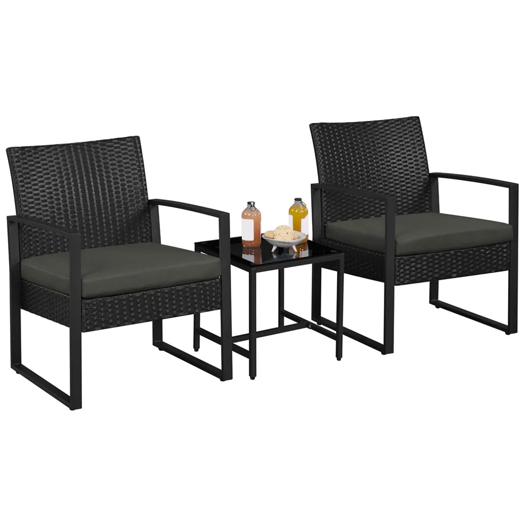 Ensemble de mobilier de jardin Yaheetech, 3 pièces - Noir/Gris - Ensemble de balcon en polyrotin avec table d'appoint