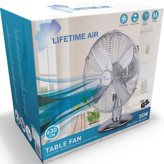 Ventilateur Lifetime - Ø30 Cm - Rétro - 3 Vitesses - Fonction inclinable - Fonction pivotante - Chrome