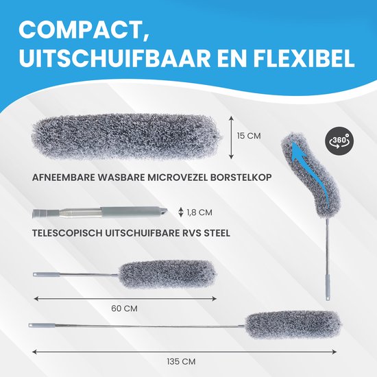 TTD® Pelle à poussière extensible - Rage Ball avec manche télescopique - jusqu'à 135 cm - lavable - microfibre - tête inclinable jusqu'à 90 degrés - avec crochet de suspension