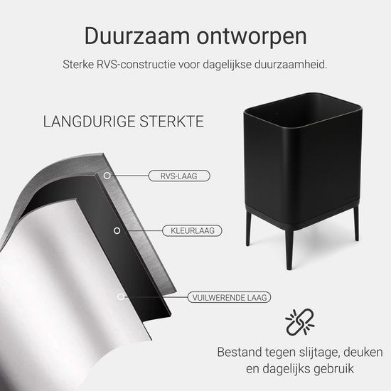 Poubelle avec compartiment de 60 litres - Avec anneaux de tri sélectif 2x 30 litres - Acier inoxydable - Noir - 42x33x76 cm - STAUS&BACH Nuvio