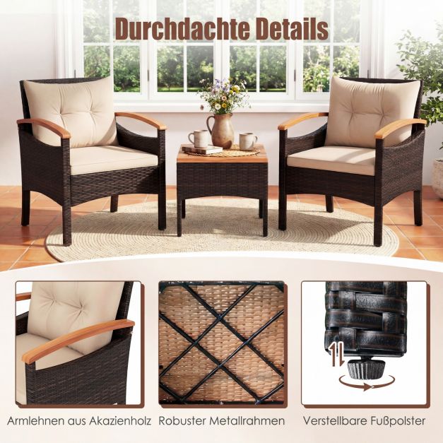 Ensemble de jardin Coast en rotin, 3 pièces – Chaises 60,5 x 60 x 73 cm – Marron