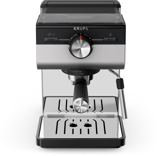 Machine à piston Krups Authentic XP384E10 - Machine à expresso - 15 bars - Système Thermoblock - Acier inoxydable - Buse à vapeur incluse - Compatible avec le café moulu et les dosettes ESE