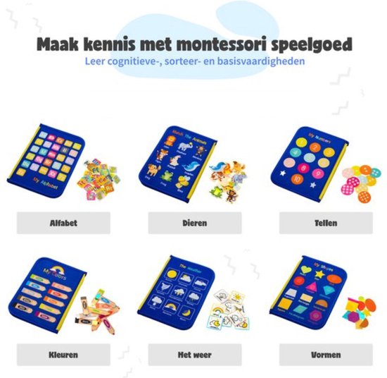 MontiPlay® Montessori Toys - Jouets sensoriels - Tableau d'activités - Tableau d'occupation - Livre d'activités Montessori pour la maison - Educatif - Jouets sensoriels - Bleu