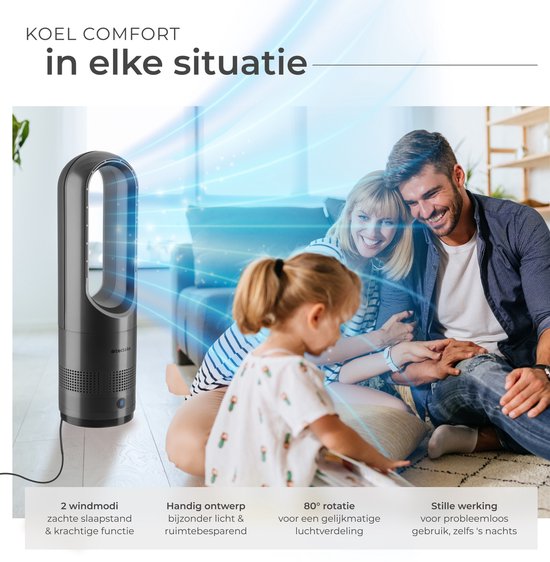 Ventilateur colonne tectake® Polar - Ventilateur colonne avec télécommande - 8 vitesses et minuterie - Fonction d'oscillation à 80° - Ventilateur silencieux (35-55 dB) - Modèle sur pied avec panneau de commande à LED - Hauteur : 55,5 cm - Rafraîchisseur d