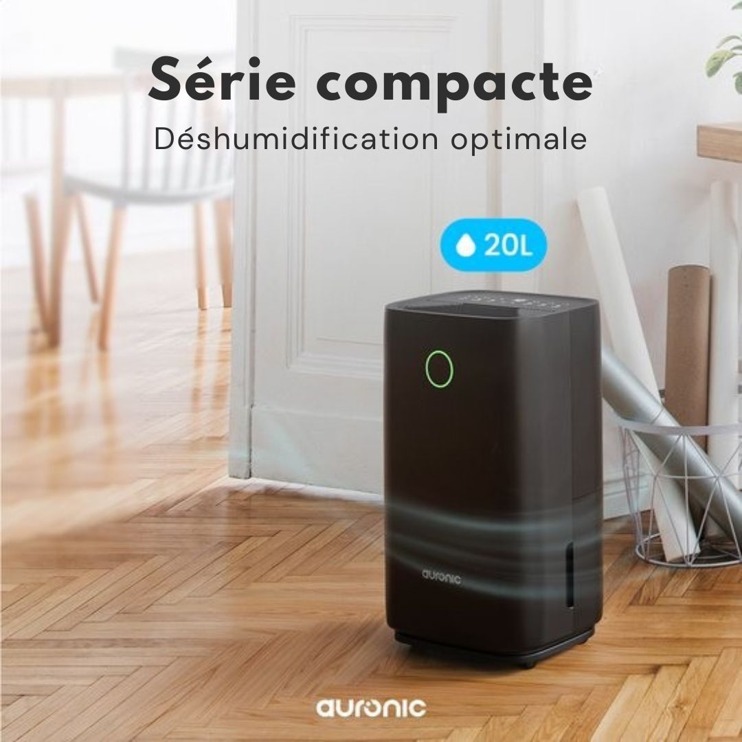 Déshumidificateur Auronic - Série compacte - 20L par jour - Fonction Lavage-Séchage - Chambre à coucher, salle de bain et salon - Élimination de l'humidité pour la maison - Noir