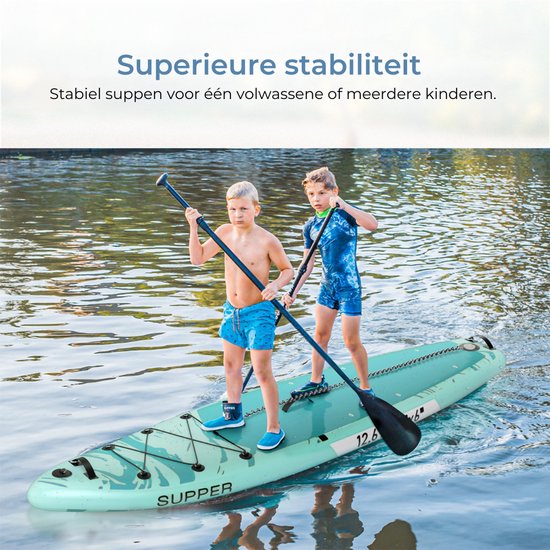 Supper Sup Board XL - Max 220KG - Gonflable - Paddle Board - Etui étanche - Pompe - Palme - Leash - Sac de transport - Touring 381 x 81 cm - Turquoise