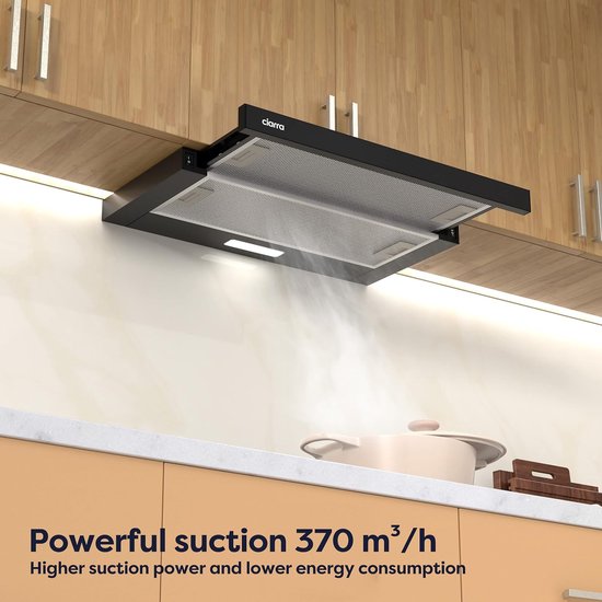 CIARRA CBCB6906D - Hotte aspirante à écran plat - 60 cm, noire – Jeu de filtres à charbon inclus - 370 m³ – Classe énergétique A++