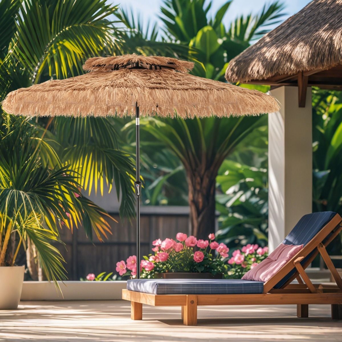 Coast Hawaiian Wicker Tiki Parasol 267x247 cm - Parasol de terrasse naturel avec manivelle, mécanisme d'inclinaison et 8 baleines robustes
