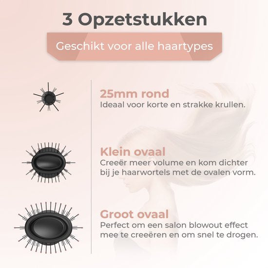 Flaire ROSÉ Brosse sèche-cheveux avec 3 accessoires - Brosse à boucler en céramique - ionique - 1200W - noir