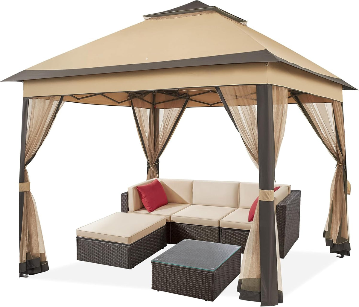 Pavillon pop-up Yaheetech 3,3 × 3,3 m avec 4 parois latérales en filet et sac de transport, couleur kaki/marron