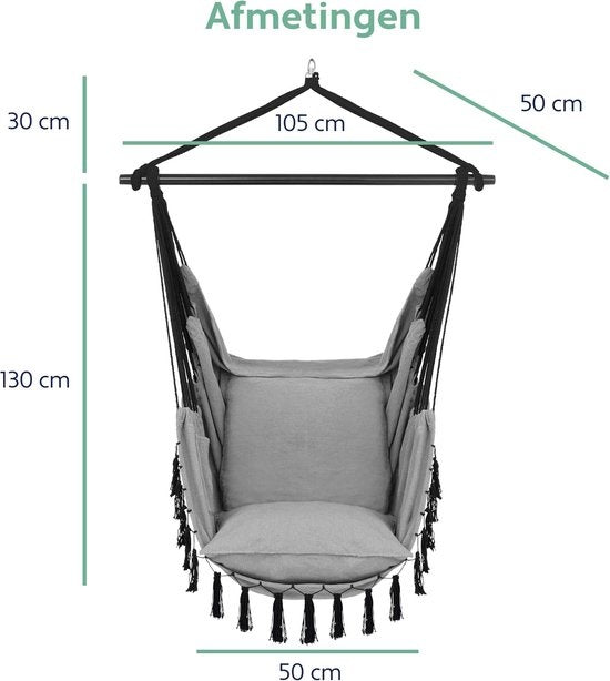 Siège suspendu Vita5 - Hamac Chaise - chaise suspendu - avec 2 coussins - porte-boissons - compartiment pour livres - adultes - enfants - charge maximale 150kg - gris