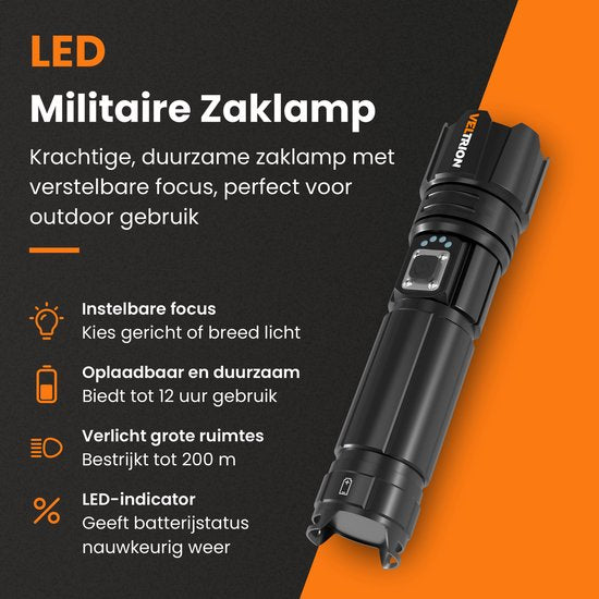 Lampe de poche LED rechargeable Veltrion - Accessoires gratuits - Lampe de poche militaire - 6 000 lumens - Batterie 26650 - 5 modes - Fonction batterie externe - Lampe de poche à piles - Kit d'urgence