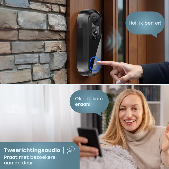 Audyn Sonnette vidéo avec caméra - Sans fil - Sonnette intelligente - WiFi - 1080P - Sans abonnement - Gong sans fil inclus
