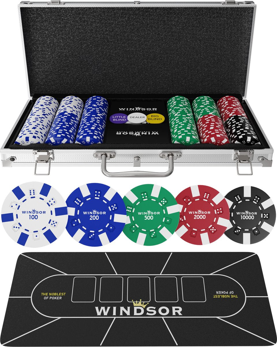 Set de poker Windsor - 300 jetons - Tissu de poker - Blinds - Cartes - Jetons de poker - Jetons de poker