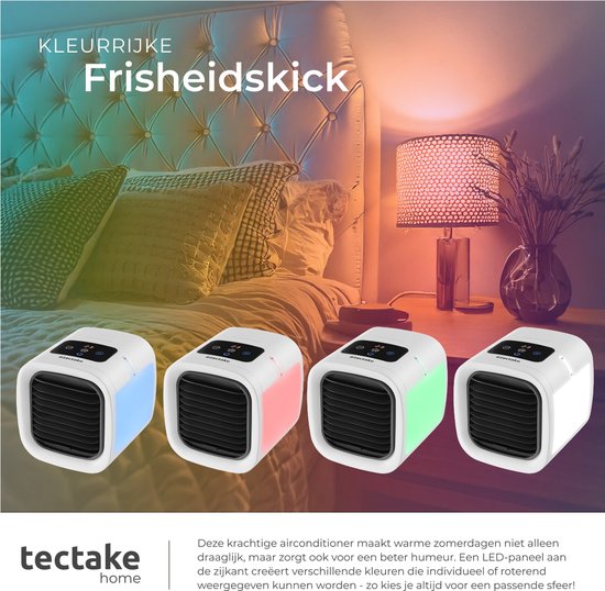 tectake® Air Cooler Frosty avec éclairage LED - 2 modes de refroidissement - 8W - Refroidisseur d'air 3-en-1 avec réservoir d'eau - Sans tuyau de vidange - Câble USB et entonnoir inclus - Mini climatiseur - Blanc