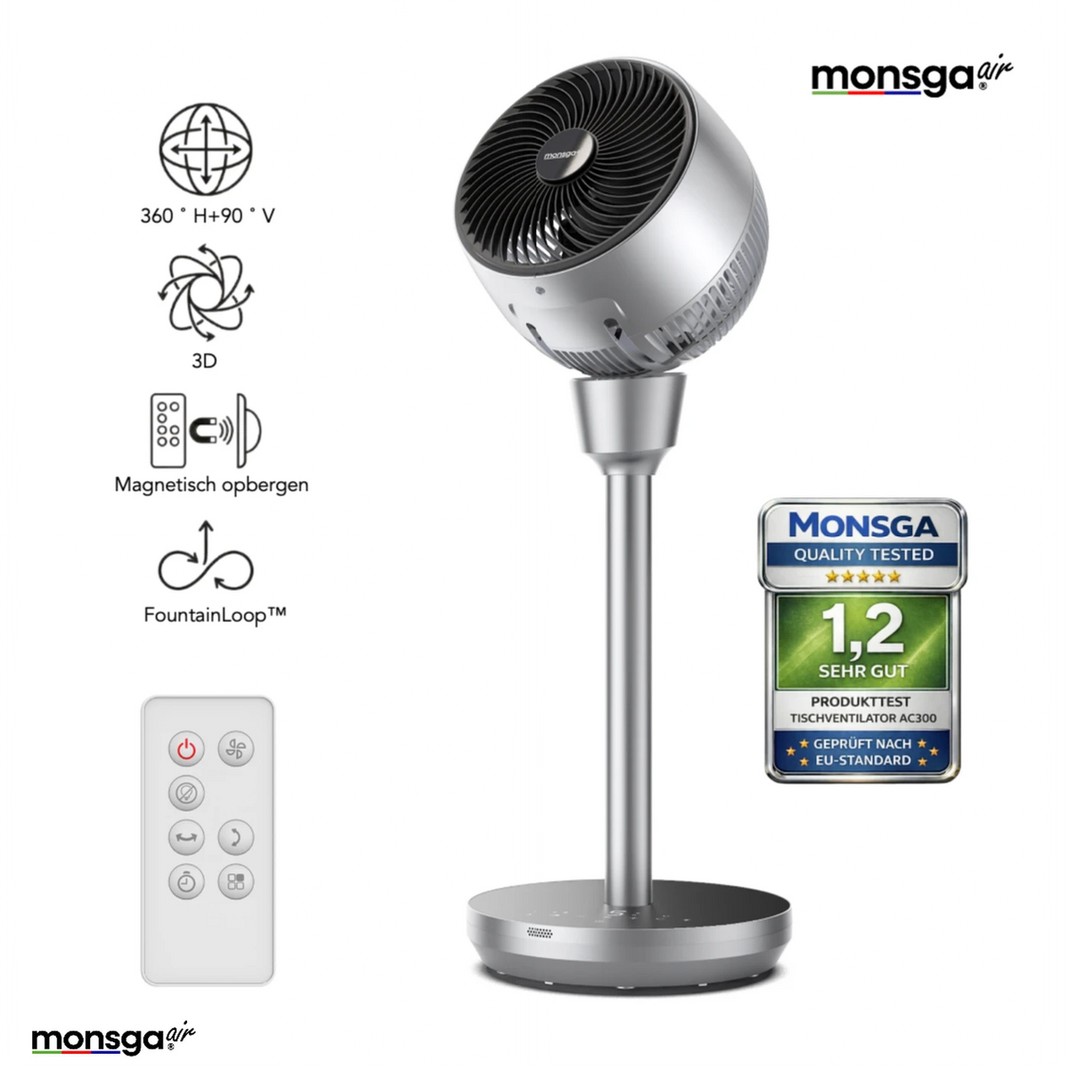 Ventilateur de sol silencieux MonsgaAir AC300 – 76 cm – Oscillation 3D 120° + 90° – 5 vitesses – 25 dB