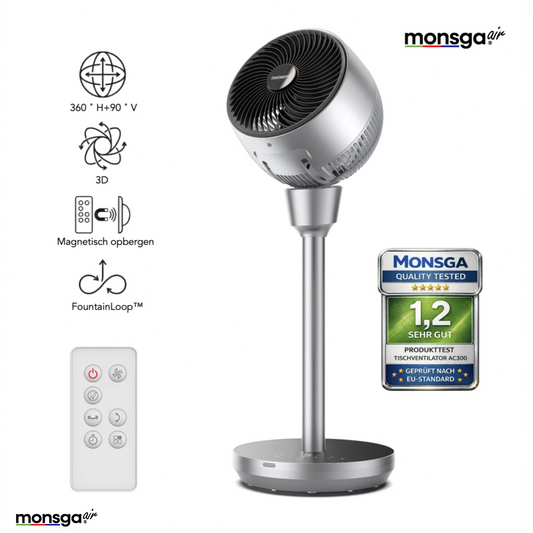 Ventilateur de sol silencieux MonsgaAir AC300 – 76 cm – Oscillation 3D 120° + 90° – 5 vitesses – 25 dB