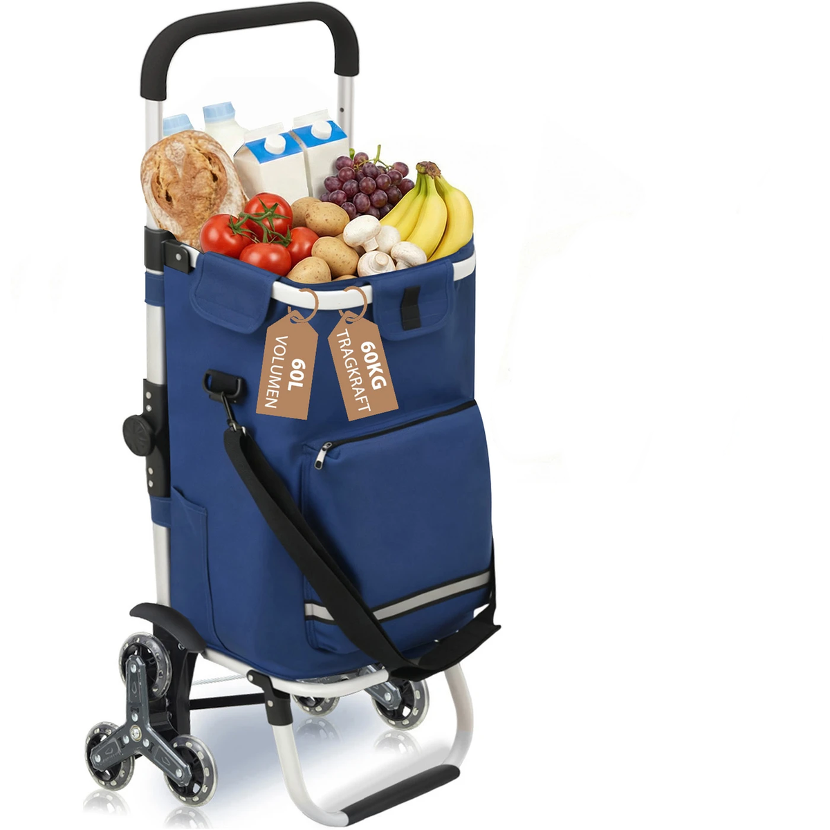 Chariot de courses pliable « Traploper » 60 L - 3-en-1 avec compartiment réfrigérant et 6 roues - Structure en aluminium - Bleu - 36 x 42 x 98 cm