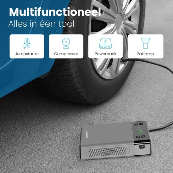 Auronic Jumpstarter - avec compresseur - 12V - 1200A - 12,000 mAh - Aide au démarrage 6-en-1 - Sac de rangement et accessoires inclus - Noir/Gris