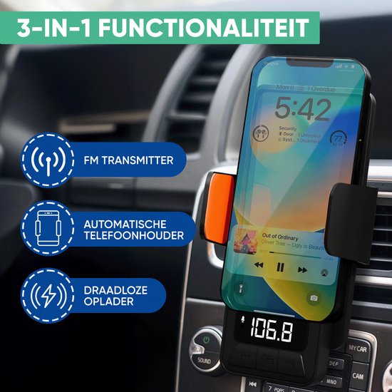 Serve 3in1 Bluetooth FM Transmitter, Phone Holder Car & Wireless Fast Charger 15W - Car Kit for Music - Phone Holders Car Accessories - Touchless Car Charger - Ventilation Holder