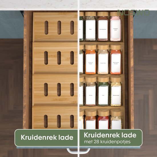 Noswo Spice Rack Drawer - 4 Layer - For 28 Spice Jars - stainless steel - Spice Organiser - Kitchen Drawer Organiser - Bamboo