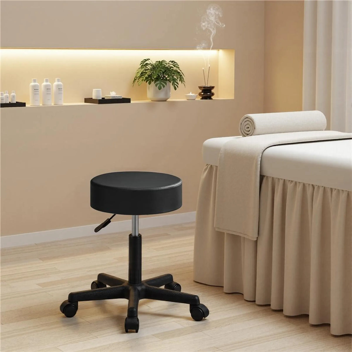 Yaheetech Tabouret de bar réglable en hauteur - équipé d'un coussin de siège de 10 cm d'épaisseur et d'une base pivotante à 360° avec roues - pour bureau, studio et îlot de cuisine - cuir noir et métal - 50 x 50 x 46 - 61,5 cm