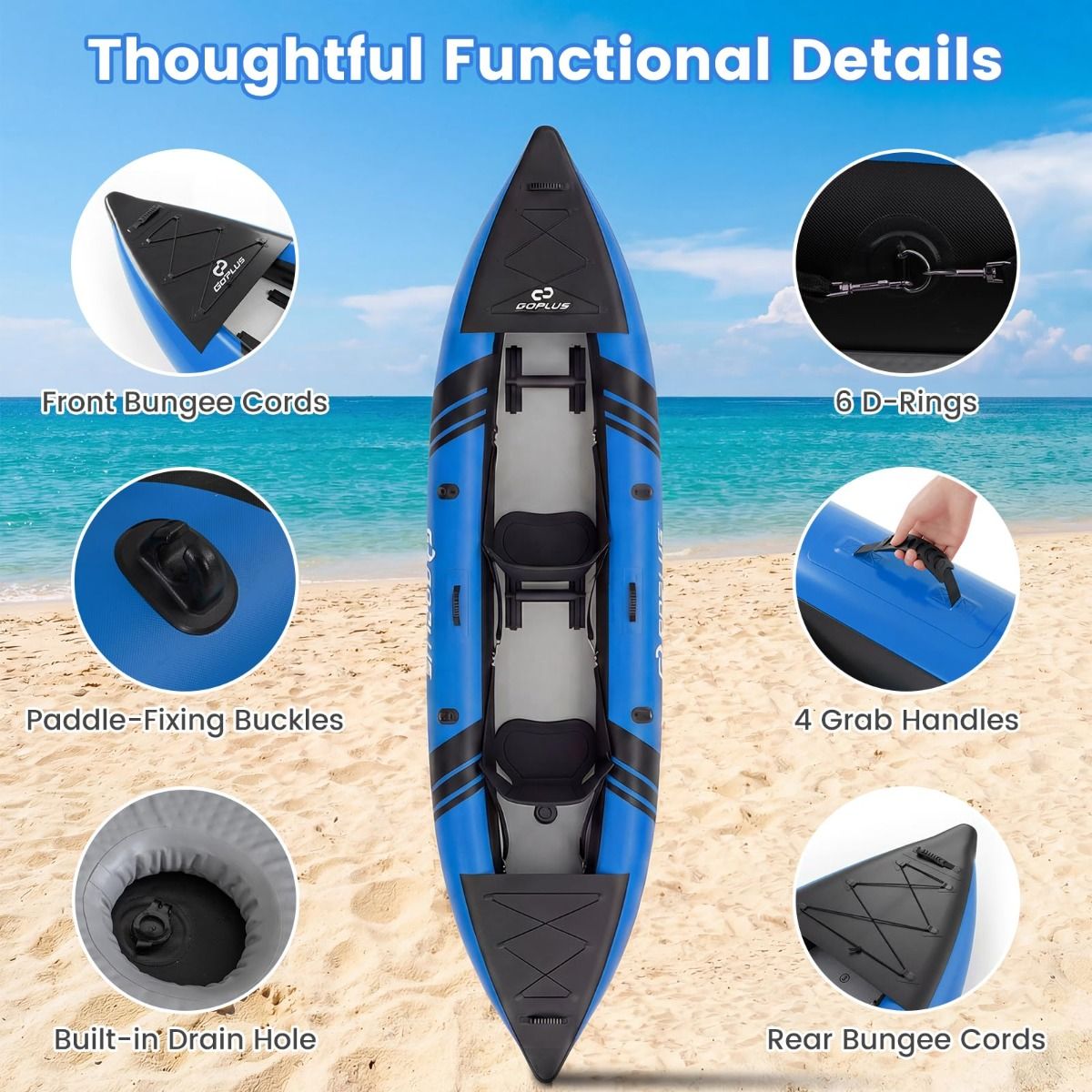 Kayak gonflable Coast pour 2 personnes - Sièges réglables - Pagaies et pompe à main incluses - bleu