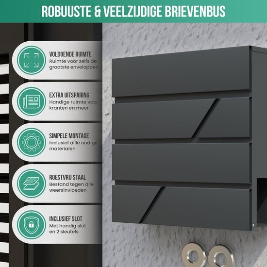 Boîte aux lettres Avalo en acier inoxydable Anthracite avec compartiment à journaux et serrure - Matériel de montage et 2 clés inclus