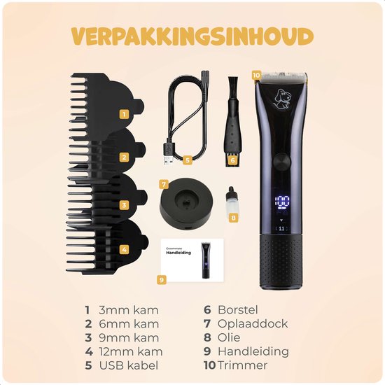 Dutchwide Groommate Tondeuse sans fil pour animaux - 4 accessoires inclus - noir