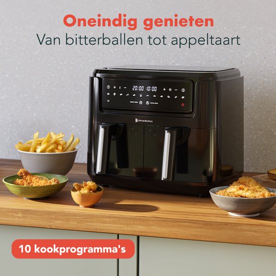 Airfryer XXL Double Zone - KitchenBrothers - 9L - 2400W - Friteuse à air chaud - 50ºC à 200ºC - 10 programmes de cuisson - Noir