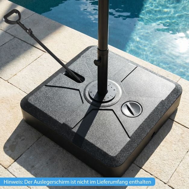 Pied de parasol Coast 84 × 84 × 20 cm – Support de parasol mobile et remplissable pouvant supporter jusqu’à 150 kg, avec 4 roues et une tige de traction télescopique – Noir