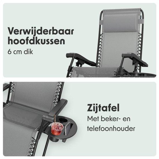 LifeGoods Chaises longues - pliable - ensemble complet - avec table d'appoint - 30°-90° réglable - chaises de jardin - métal - gris