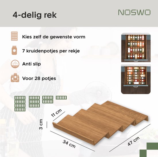 Noswo Tiroir à épices avec 28 pots - Set complet - Carré - Couvercle à saupoudrer et étiquettes - Organisateur d'épices - Organisateur de tiroirs de cuisine - Acacia