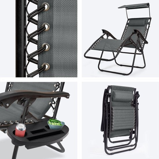 LifeGoods Chaises de jardin pliables - parasol réglable - 2 pièces - max 150kg - Gris foncé