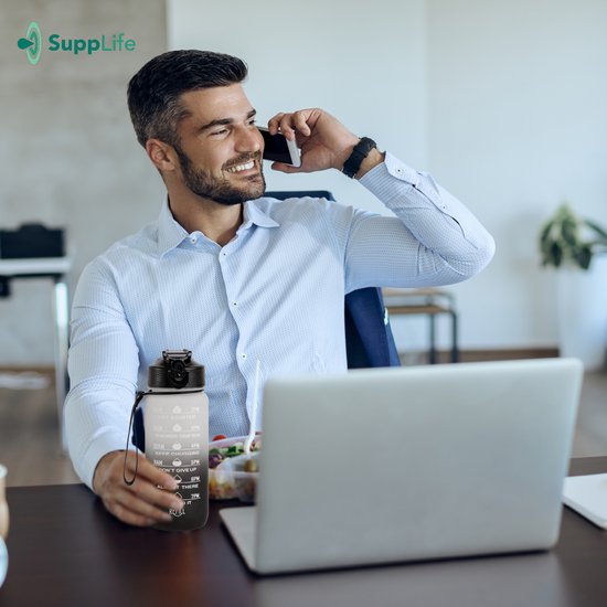 Gourde motivante Supplife - Gourde de 600 ml - Gourde avec repères horaires - Avec paille - Adultes - Enfants - Blanc et noir