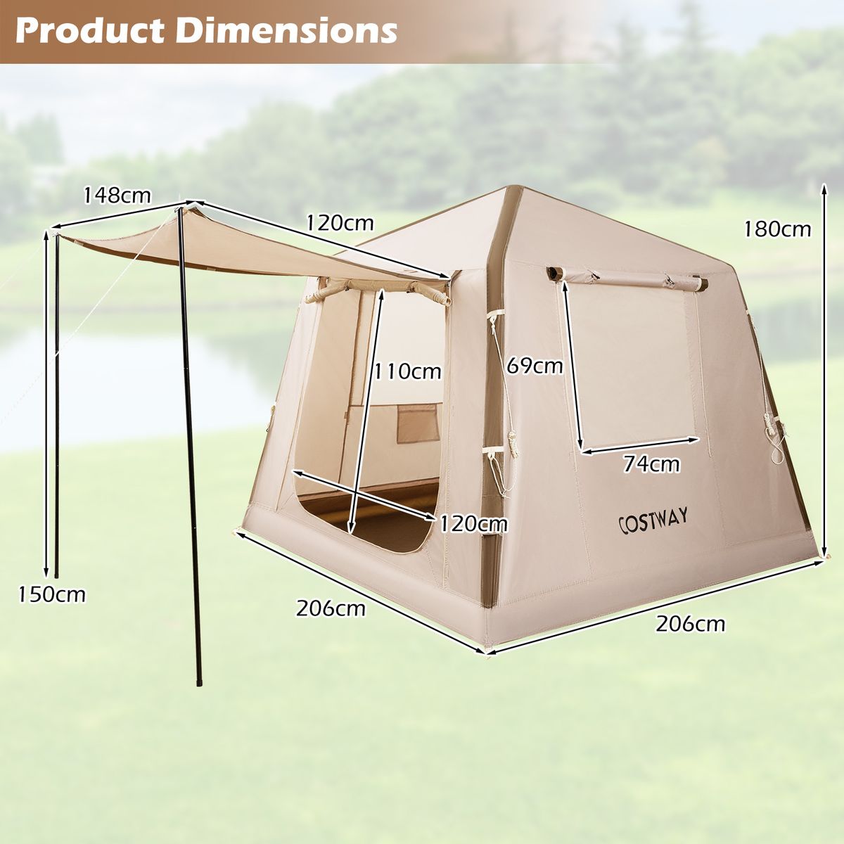 Tente de camping gonflable Coast - 2 à 4 personnes - Pompe et sac de transport inclus - Kaki - 210 x 210 x 180 cm