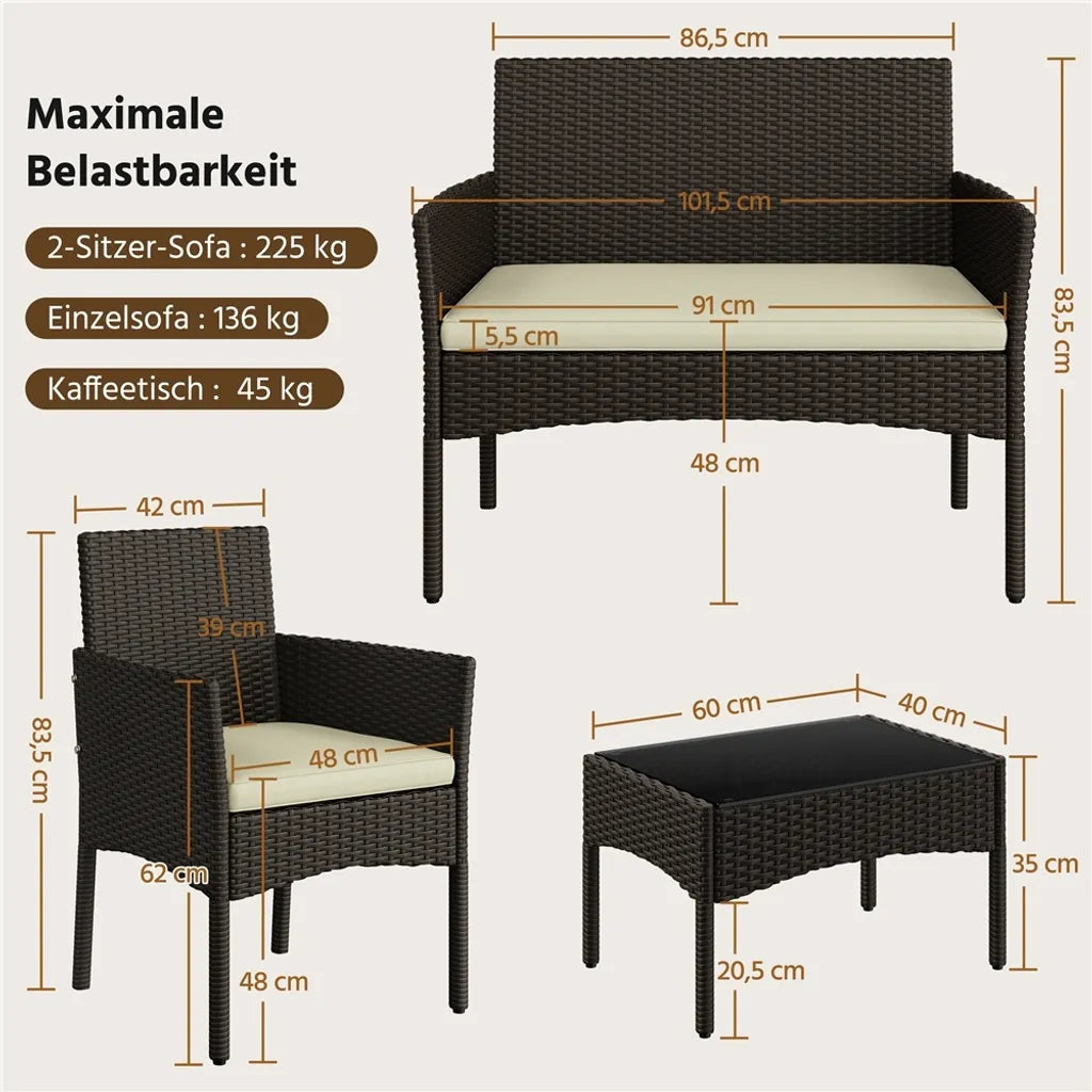 Ensemble de salon Yaheetech en polyrotin, 4 pièces - Marron/Beige - Ensemble de jardin comprenant un canapé 2 places, 2 chaises et une table