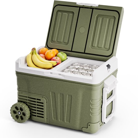 Auronic Electric Cool Box - Compresseur - 2 Zones - 33L - 12/24V et 240V - Réfrigération et congélation - Réfrigérateur de camping - Frigobox Auto - Avec roues et poignée - Vert
