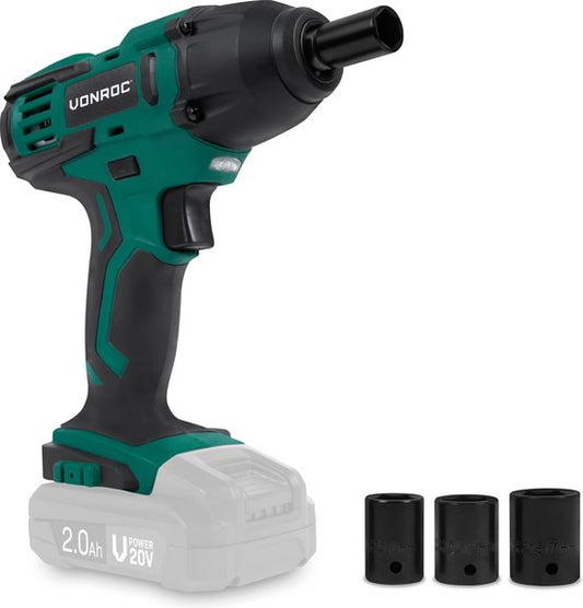 VONROC Clé à chocs Accu 20V - 150Nm - Avec 4 douilles pour écrous - Sans batterie ni chargeur