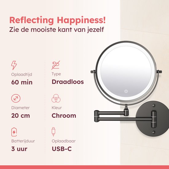 Fraay® Miroir de maquillage avec éclairage LED - grossissement 10x - Miroir grossissant avec lumière - rechargeable - Miroir de rasage - Miroir de salle de bain - noir
