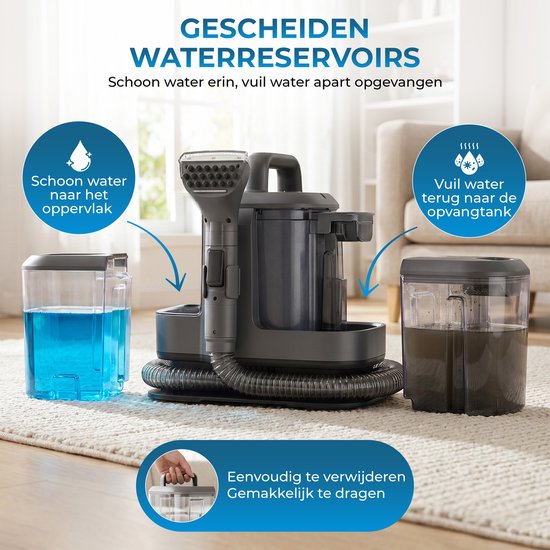 Nettoyeur vapeur Powell - Nettoyeur de moquette - Détachant - Nettoyeur de canapé - Nettoyeur de meubles - Nettoyeur de moquette et aspirateur - Machine de nettoyage - Nettoyeur de moquette - 1 800 watts - Gris