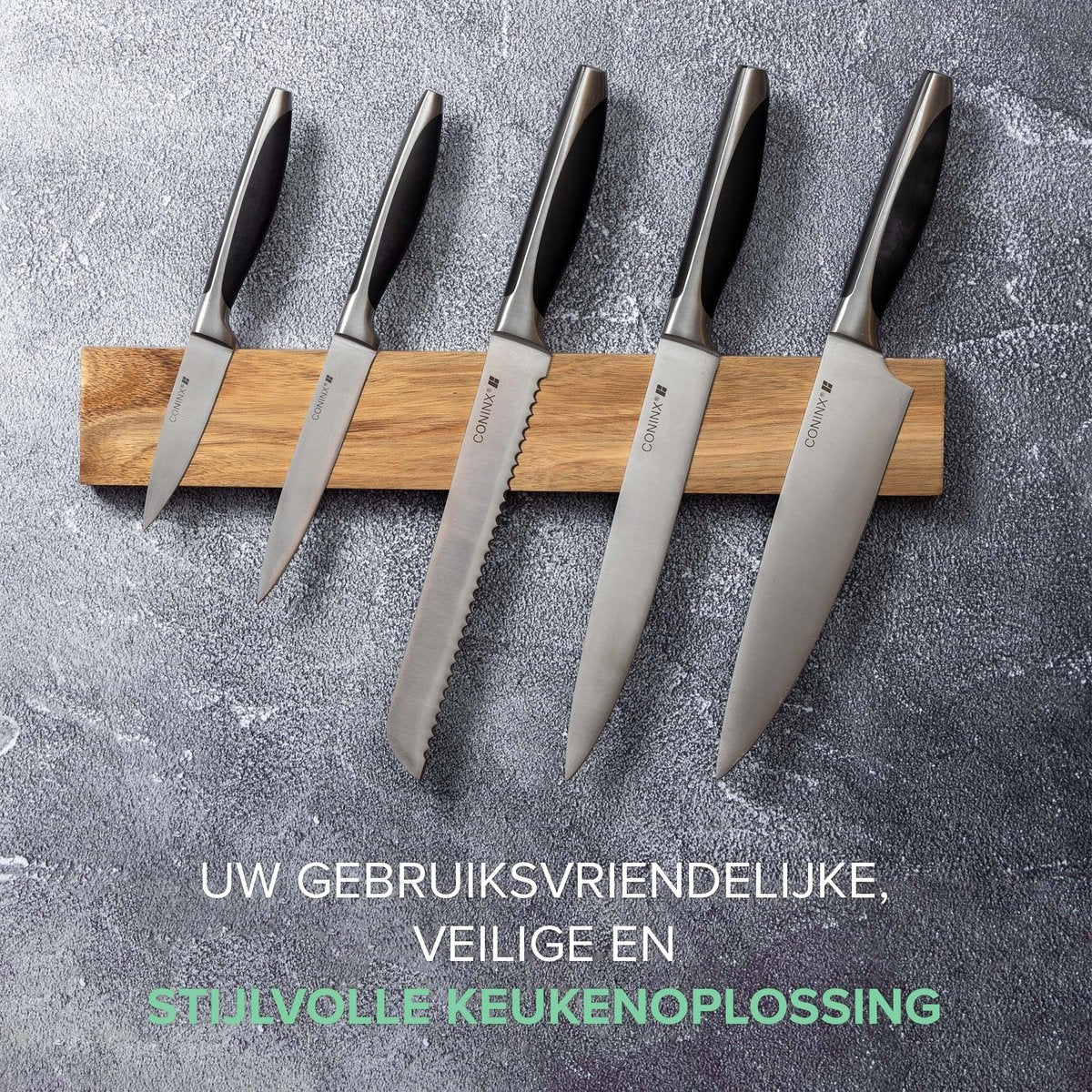 Grand Aimant à Couteaux 40CM - Porte-Couteaux Magnétique en Bois - Fixation par Vis - Bloc à Couteaux Magnétique en Acacia de Coninx - pour 6 à 9 Couteaux de Cuisine