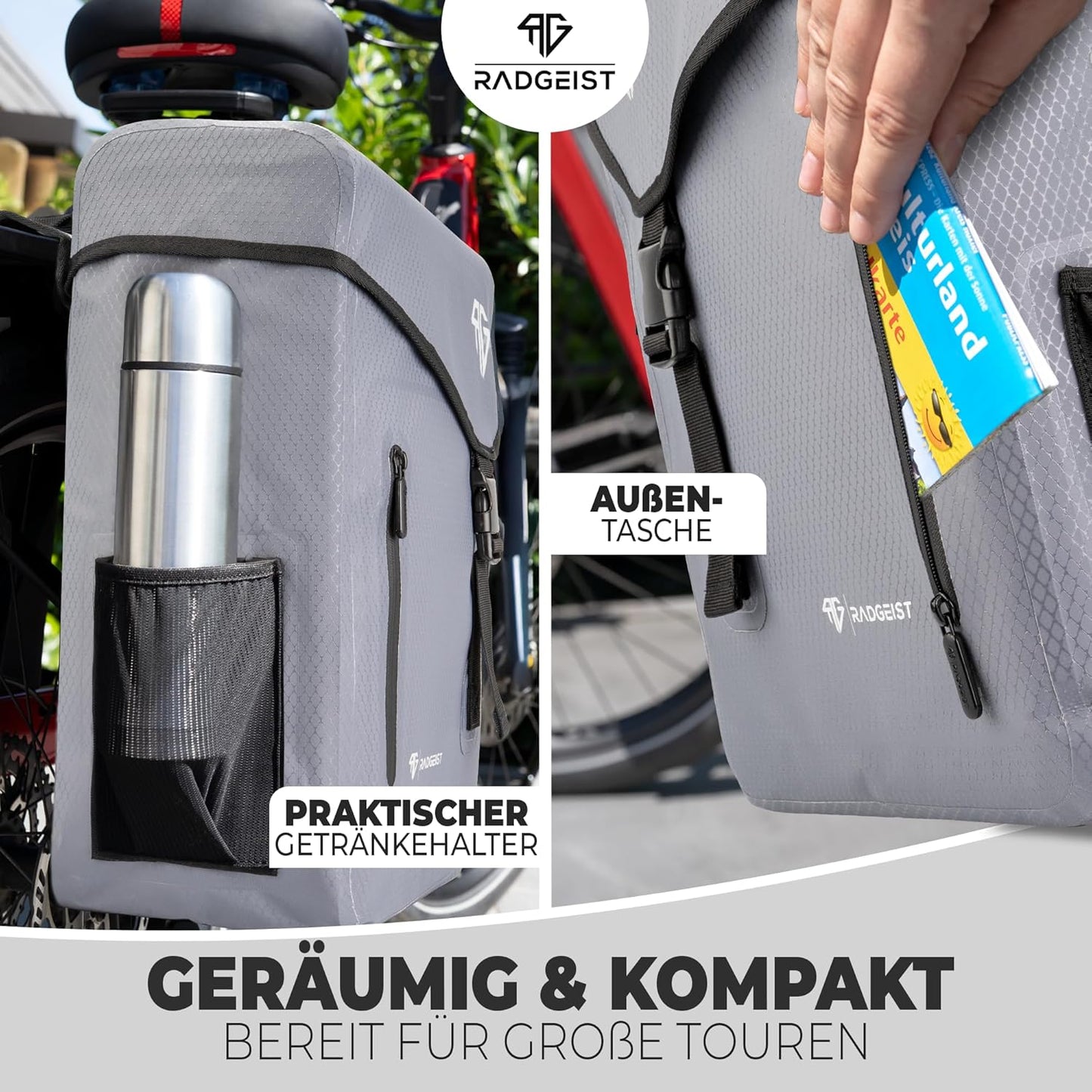 RADGEIST sacoche vélo pour transporteur 100% étanche I Double sacoche vélo 50 litres - Double sacoche vélo avec fermeture facile (gris)
